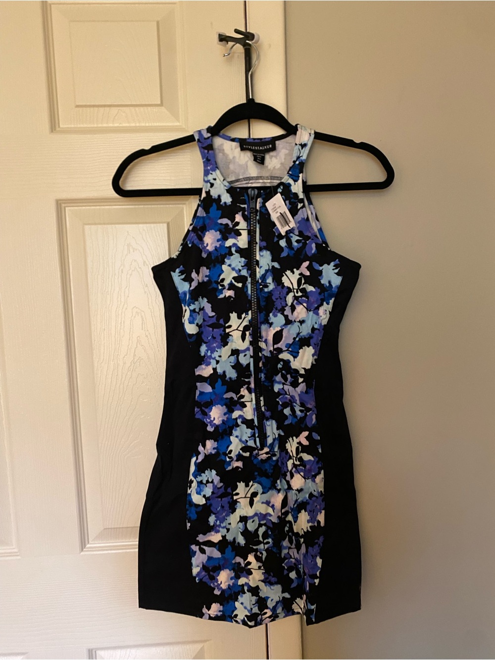 Stylestalker Black and Blue Floral Zip-Front Halter Mini Dress